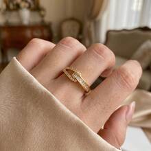 1pc Women's Fashion Personalized Double-Layer Cross-Wrap Open Ring, Inlaid With Rectangular Synthetic Cubic Zirconia Stone, Open-End Adjustable Structure, Fits Different Finger Sizes, Strong Adaptability. Suitable For Daily And Vacation Wear - Gold - View 5
