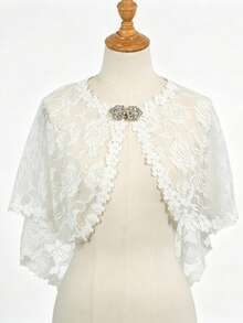 White Floral Lace Short Cape For Women, Rhinestone Buckle Open Front Mesh Cloak, Bridal Wedding Dress Outerwear Accessory For Bride And Banquet - White - View 7