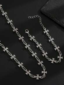 2pcs Vintage Punk Hip-Hop Cross Pendant Necklace & Bracelet Set For Men, Versatile Jewelry Accessory For Daily Wear, Party, Gathering, Date, Birthday And Other Occasions, Holiday Gift For Men - Silver - View 7