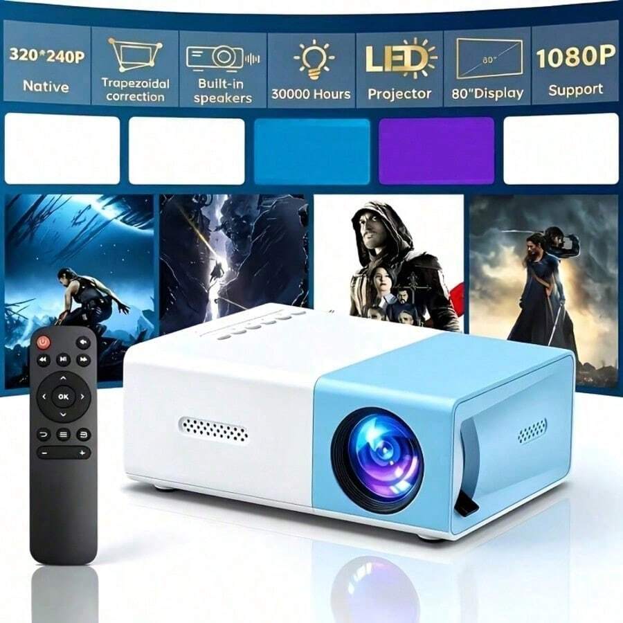 Máy chiếu mini di động nâng cấp 2026, máy chiếu rạp phim gia đình LCD tích hợp loa và lấy nét nhanh, tương thích với điện thoại thông minh, máy tính bảng, laptop, TV stick, USB, dùng xem phim, chơi game, thuyết trình, giải trí tại gia và tiệc ngoài trời - Trắng xanh dương - Xem 1