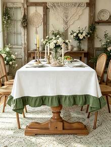 1PC Mori Style Moss Green Ruffle Edge Tablecloth, Rustic Vintage Decorative Dust Cover, Suitable For Dining Room, Patio, Afternoon Tea, Dining Table, Mori Style Wedding, Birthday Party, Photography Backdrop Decoration - Green - View 1