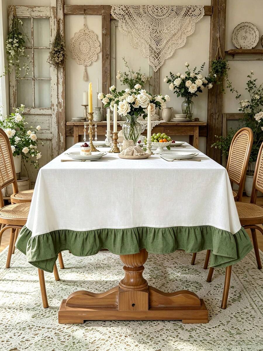 1PC Mori Style Moss Green Ruffle Edge Tablecloth, Rustic Vintage Decorative Dust Cover, Suitable For Dining Room, Patio, Afternoon Tea, Dining Table, Mori Style Wedding, Birthday Party, Photography Backdrop Decoration - Green - View 1