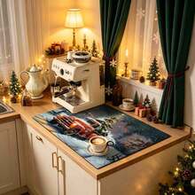 1pc Christmas Series Snow Scene Red Truck Homecoming Pattern Coffee Bar Mat, Diatom Mud Soft Bottom Drainage Mat, Soft Rubber Drainage Mat, Super Absorbent Wear-Resistant Dish Drying Mat, For Countertop Restaurant Kitchen Table Mat, Patio Dining Table Decor, Home Kitchen Supplies, Countertop Decorative Mat - Multicolor - View 3