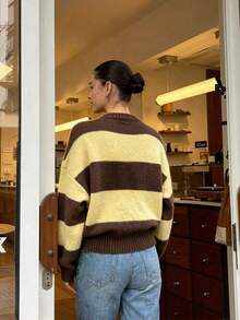 Women's Casual Comfortable Colorblock Striped Knit Sweater, Round Neck Button Design Top, Suitable For Daily Autumn/Winter Comfortable Outfit - Multicolor - View 5