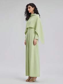 Rich Radi Q's Women's Full-Length Wide-Leg Jumpsuit, Light Green Formal Evening Style, Round Neck Long Sleeve Woven Non-Stretch Fabric, With Cape Design - Green - View 3