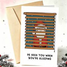 OBOVAY 1 Greeting Card + 1 Envelope Funny Christmas Greeting Card, Santa Peeking Through Blinds "He Sees You When You Are Sleeping", Perfect For Friends, Winter Holiday Minimalist Cartoon Style Greeting Card. - View 6