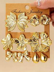 2-12pcs Fashion Smooth Flower, Water Drop, Butterfly Bow, Symmetrical Leaf Stud Earrings, Suitable For Daily Wear, Perfect Gift For Friends And Family (Lightweight CCB Material) - Gold - View 1