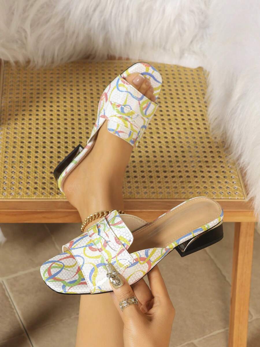 Elegant Printed Women's Slippers, Summer Outdoor Fashion New Fairy Style Chunky Heel Open Toe Low Heel Women's Sandals - White - View 1