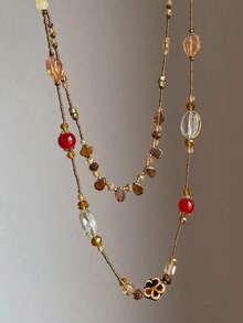 1 Pc Double Layer Water Drop Flower Beaded Necklace For Women Fashion Jewelry Daily Gift - Multicolor - View 2