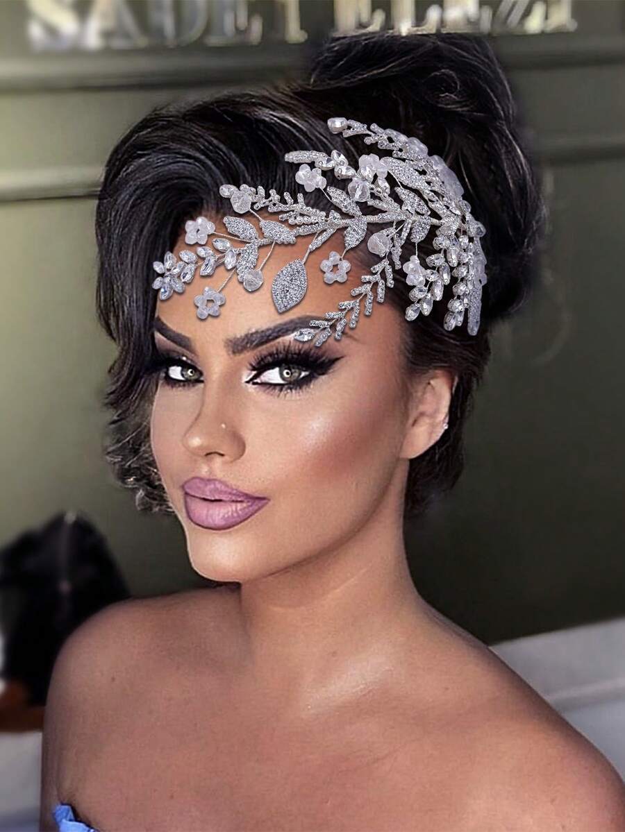 1Pc Luxury Bride Hair Pieces Silver Color Leaf Headband Rhinestone Wedding Headpieces Handmade Party Prom Hair Accessories
