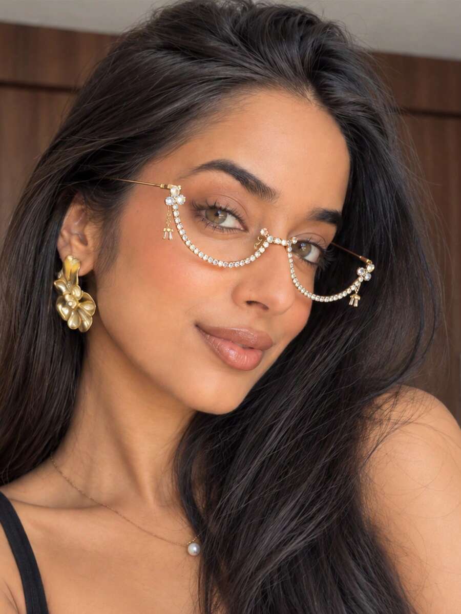 1pc Rhinestone Half-Frame Decorative Glasses Without Lenses, Crystal Dangle Pendant Fashion Face Accessory, Women's Lensless Party Costume Glasses, Photo Shoot & Ball Accessory - Rhinestones - View 1