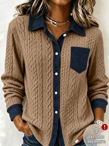 Women's Plus Size Cable Knit Patchwork Denim Print Button Front Regular Sleeve Jacket, Slightly Stretchy, Autumn Outfit Essential - Khaki - View 1