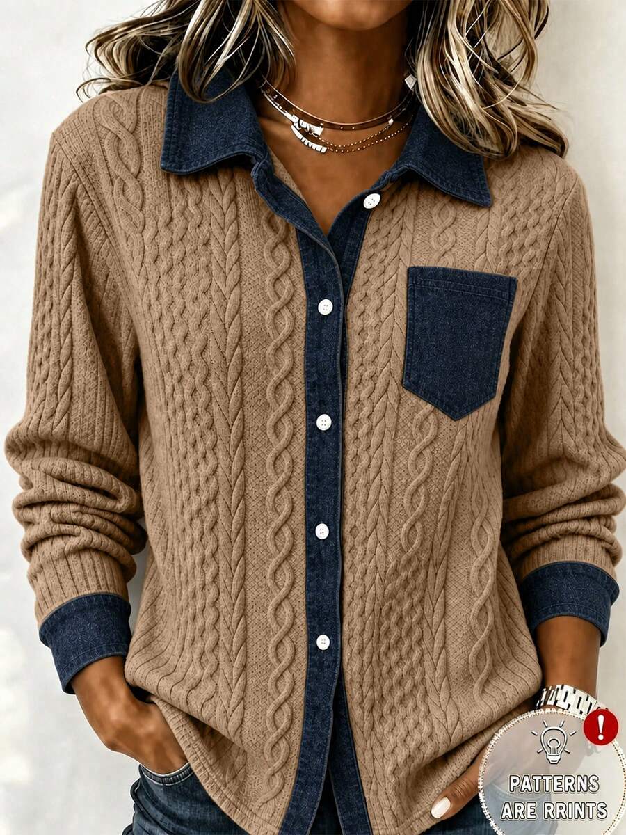 Women's Plus Size Cable Knit Patchwork Denim Print Button Front Regular Sleeve Jacket, Slightly Stretchy, Autumn Outfit Essential - Khaki - View 1