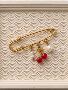 Fall Decor Strawberry Cherry Charm Faux Pearl Dangle Brooch Fall Style Multi-Purpose Pins Brooch Women Women Fruit Decorative Clothes Pin Jewelry - Yellow Gold - View 6