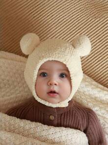 Baby Knitted Beanie Hat With Ear Flaps And Double Pom Poms, Warm Autumn/Winter Cap, Cute - 1PC - View 2