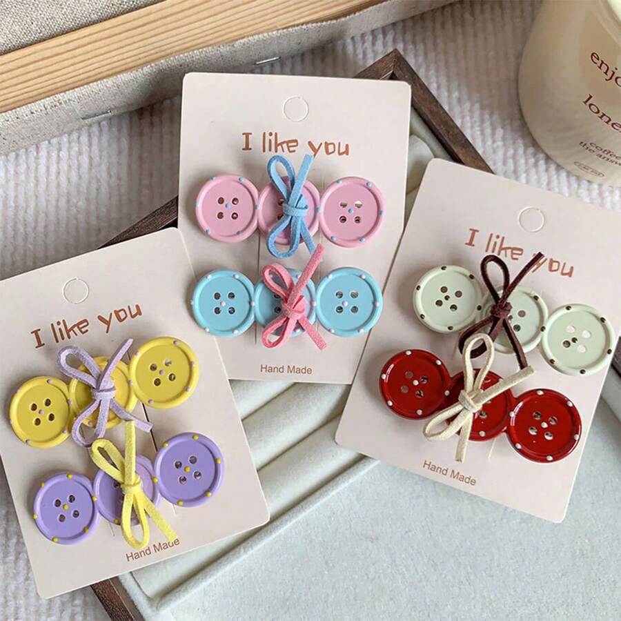 2pcs Korean Style Cute Button Hair Clips For Women, Colorful Bowknot Side Clips, Sweet Versatile Forehead Bangs Hair Clips, Daily Outing Photo Atmosphere Hair Accessories - Multicolor - View 1