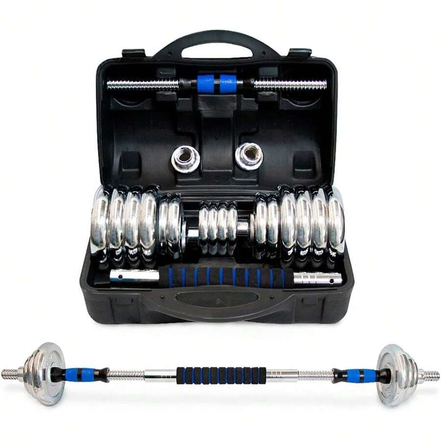 Kit Mancuernas Ajustables 30 kg 66 lb con Barra Convertible| Discos Cromados con Estuche de Transporte| para Gimnasio en Casa y Ejercicio| Fácil de Ensamblar