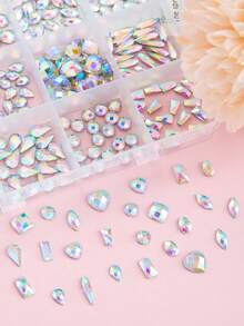 1 Box 12-Compartment Multi-Shape AB Crystal Nail Rhinestone Set, Colorful Crystal Gemstones, Flat-Back Gem Decorations, Heart, Round, Oval, Square, Rectangular, Suitable For Nail Rhinestones, Nail Art Decoration, Nail DIY Gem Accessories - Multicolor - View 4