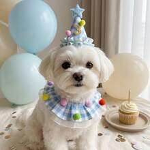 1 Set Pet Birthday Party Outfit, Interchangeable Gold Number Soft Plaid Fabric Adjustable Hat And Scarf, With Pom Pom Lace Decoration, Suitable For Dog Cat Puppy Kitten Birthday Party Photo Props - Multicolor - View 6