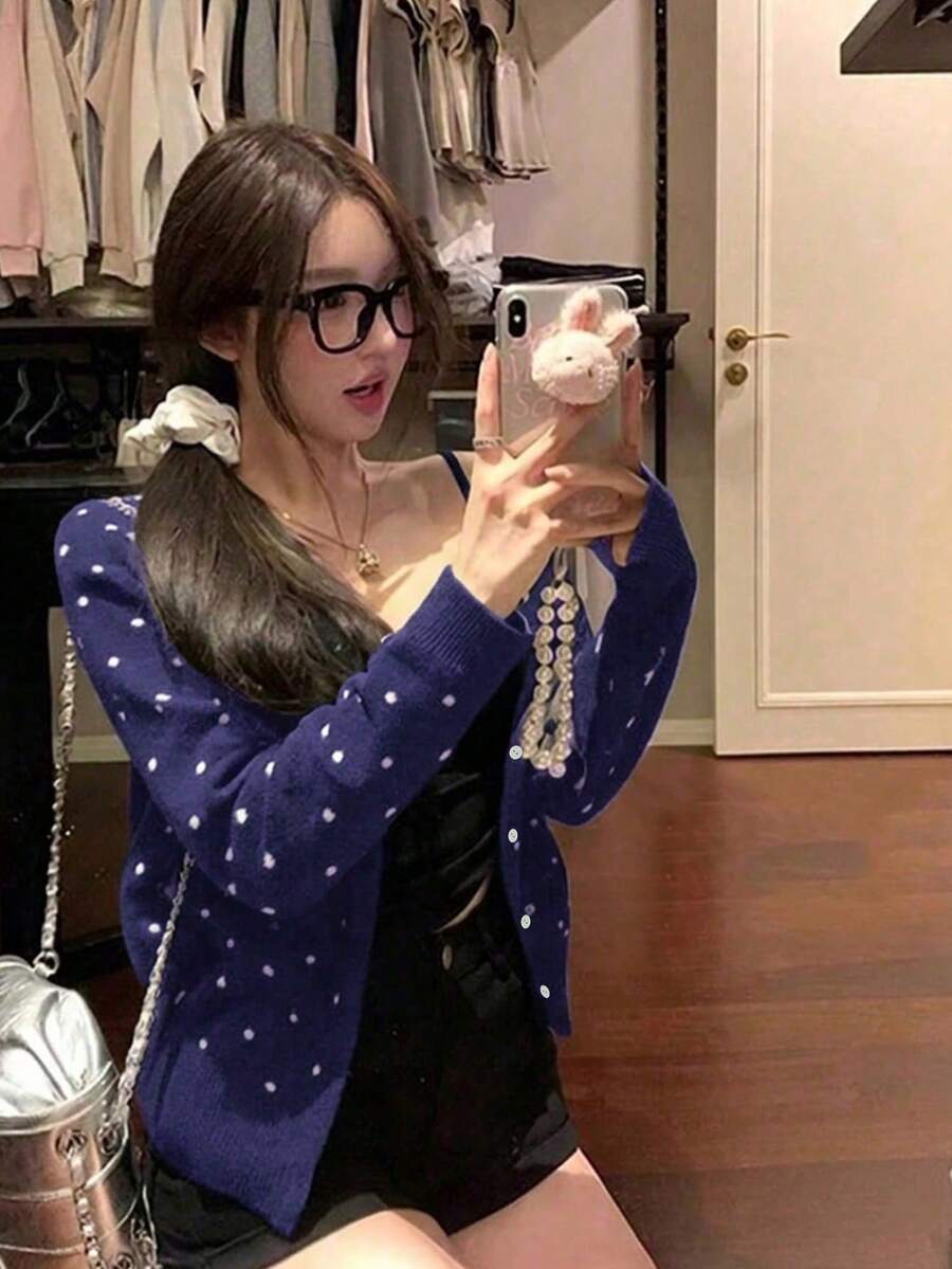 女款圓領針織開襟外套,寬鬆慵懶修身短版上衣 - 藏蓝色 - 查看 1