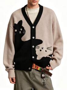 Cartoon Cat Intarsia Knit Cardigan Men V Neck Button Loose Casual Sweater Jacket - Khaki - View 1