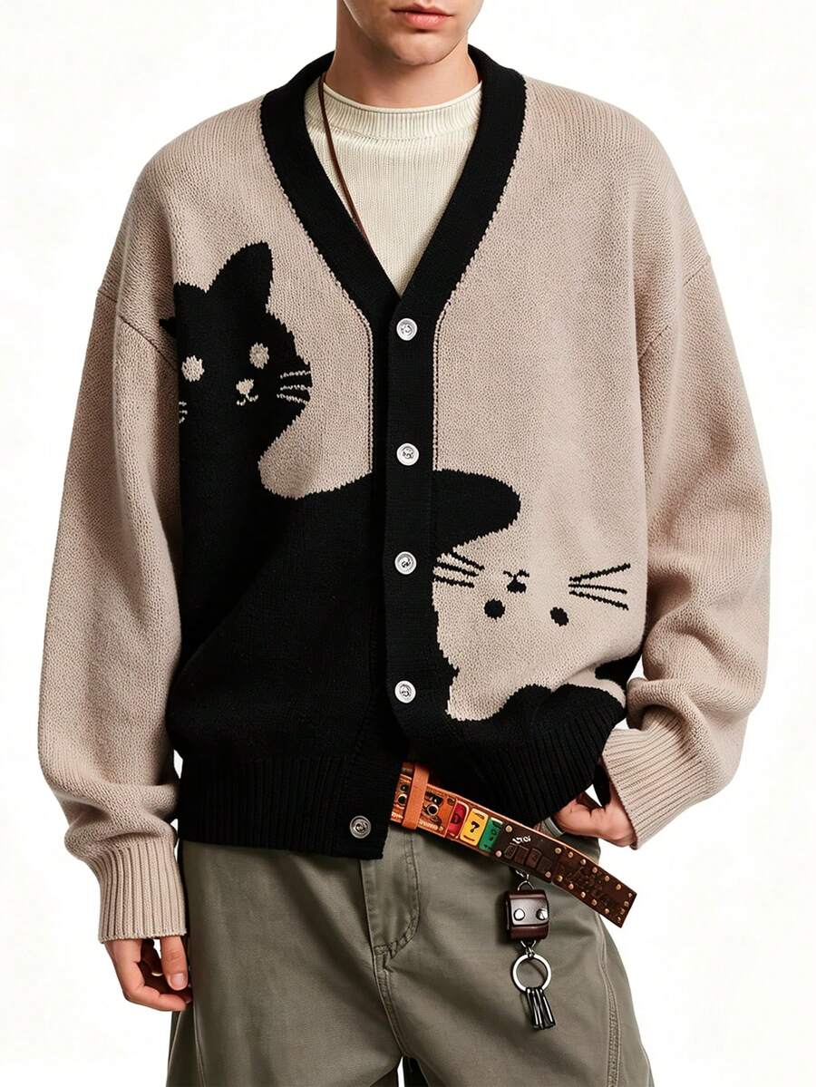 Cartoon Cat Intarsia Knit Cardigan Men V Neck Button Loose Casual Sweater Jacket - Khaki - View 1
