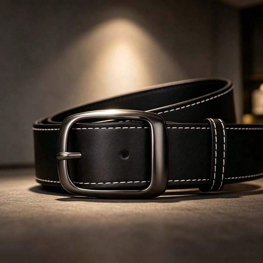 1pc PU Leather Belt, Ins Style Unisex Belt, Refined Stitched Edges, Alloy Buckle, Suitable For Casual Wear And Workwear, Perfect For Gifts And Holiday Presents - Black - View 1