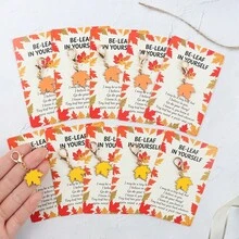 5pcs/10pcs Autumn Maple Leaf Thanksgiving Theme Keychain, Comes With "Be Yourself" Encouragement Support Leaf Greeting Card, Thanksgiving Gift, Autumn Party Favor, Colleague Appreciation Blessing Support Gift, Daily Backpack Accessory - Multicolor - View 2