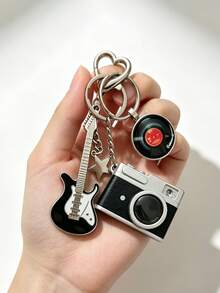 Retro Camera Guitar Vinyl Record Keychain Y2K Punk Star Metal Bag Charm Music Lover Key Ring - Multicolor - View 2
