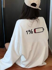 女款秋冬寬鬆極簡百搭字母印花長袖T恤 - 白色 - 查看 2