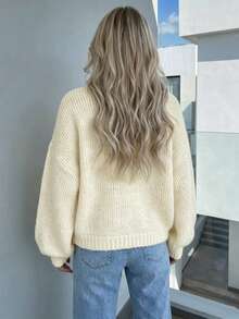 Solid Color Plain Crew Neck Loose Puff Sleeve Short Knit Sweater, Suitable For Autumn Daily Casual Wear And Weekend Gatherings - Apricot - View 8