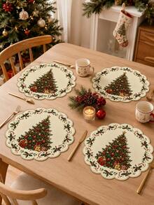 Christmas Placemats, Vintage Christmas Tree, Gift Box, Holly Wreath And Candy Cane Printed Placemats, Suitable For Christmas Dinner, Afternoon Tea, Dessert Display, Kitchen Table And Holiday Party Decoration - Multicolor - View 1