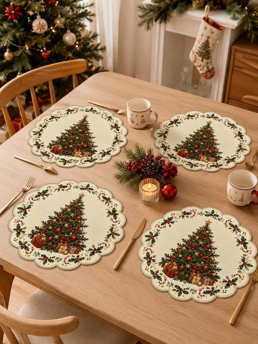 Christmas Placemats, Vintage Christmas Tree, Gift Box, Holly Wreath And Candy Cane Printed Placemats, Suitable For Christmas Dinner, Afternoon Tea, Dessert Display, Kitchen Table And Holiday Party Decoration - Multicolor - View 1