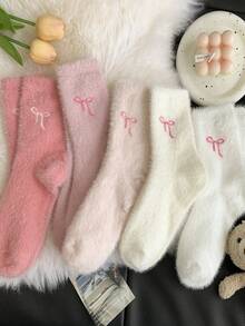 1/3/5 Pairs Mink Fur Bowknot Plush Mid-Calf Socks, Cute Sweet Thickened Warm Home Sleep Socks With Bowknot Pattern, Soft And Comfortable, Suitable For Autumn/Winter - Multicolor - View 3