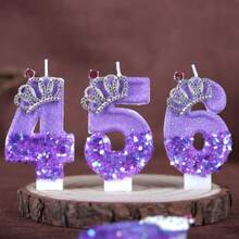 1pc Purple Number Birthday Candle W/ Rhinestone Crown, 0-9 Digits, Creative Cake Decor, W/ Anti-Drip Accessory, For Birthday Party, Wedding, Anniversary, Dessert Table, Cake Topper, Glam Party Supplies - View 9