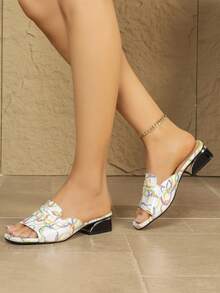 Elegant Printed Women's Slippers, Summer Outdoor Fashion New Fairy Style Chunky Heel Open Toe Low Heel Women's Sandals - White - View 4