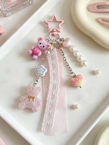 Cute Resin Bear Bag Charm,Lace Ribbon Heart Star Beaded Keychain,Sweet-Style Bag Charm,Aesthetic Backpack Pendant,Girls Sweet Accessory Gift - Multicolor - View 10