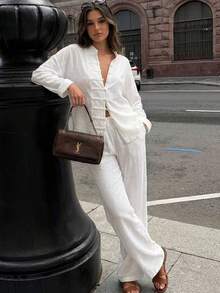 Women's White Non-Stretch 2 Pieces Casual Formal Wide Leg Pants Set, Suitable For Home Leisure, Travel And Vacation - White - View 1