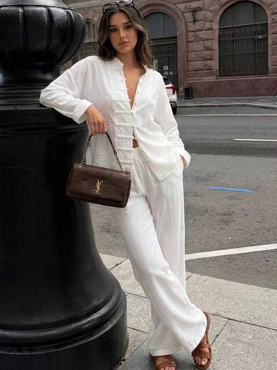Women's White Non-Stretch 2 Pieces Casual Formal Wide Leg Pants Set, Suitable For Home Leisure, Travel And Vacation - White - View 1