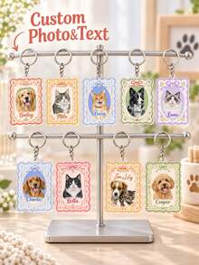 1pc Custom Pet Photo Acrylic Vintage Frame Keychain, Personalized Pet Name Portrait Keyring, Wavy Border Custom Pet Lover Keepsake Gift, Dog Mom Cat Mom Gift - Multicolor - View 2