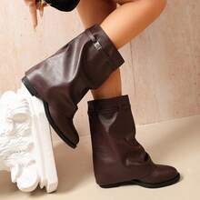 Light Luxury Soft Leather Ruched Stacked Boots With Metal Buckle Decor, Slouchy Ankle Boots, Slimming Wide Shaft Versatile Premium Women's Boots - Brown - View 7
