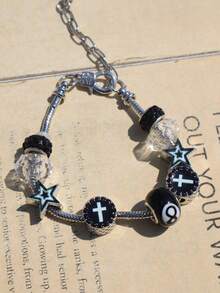 1pc Dark Gothic Style Cross Charm Bracelet, Star Cross Bracelet, Street Style Fashion Star Bracelet - Silver - View 4
