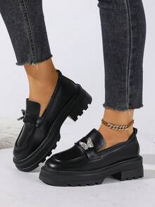 Women's Wedge Heel Thick Sole Loafers Plus Size 2026 Spring/Autumn New British Style Fashion Slip-On Leather Shoes - Black - View 4