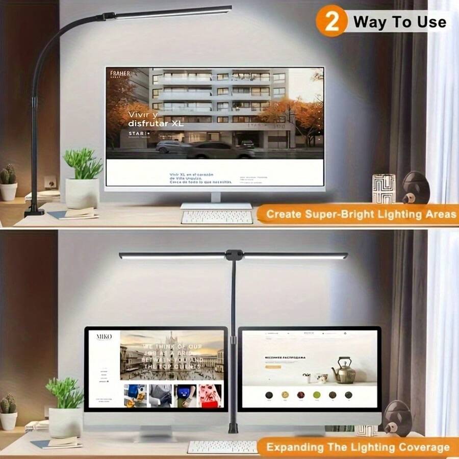 Home Office LED Desk Lamp, Touch Switch, Eye-Protection Architect Lamp With Clip, Dual-Head Computer Monitor Desktop Clip Light, Adjustable Flexible Gooseneck