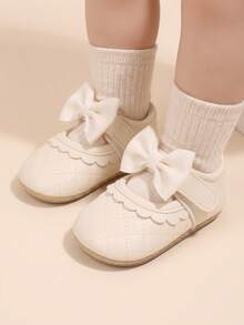 1 Pair Girls Bow PU Hook-And-Loop Design Flat Non-Slip Walking Shoes Plaid 0-1 Years Old Infant Mary Jane Princess Shoes Suitable For Spring And Autumn - Apricot - View 2