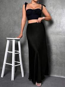 Plus Size Women Elegant Maxi Satin Skirt, Solid Color Black Spring - Black - View 4