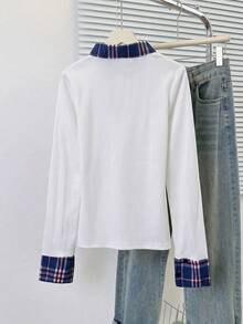 女款 Polo 領 2 合 1 格紋拼接長袖 T 恤修身顯瘦上衣 - 白色 - 查看 7