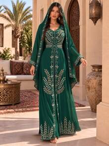 Women's Long Sleeve Elegant Sequin Evening Dress & Headscarf 2 Pieces Set Dress - Green - View 3