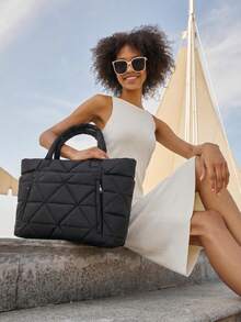 NEWHEY Tas Tote Wanita Berbahan Quilted, Tas Bahu Nilon Ringan Berbantalan, Tas Genggam Kapasitas Besar untuk Kerja, Perjalanan, dan Penggunaan Sehari-hari - Hitam - View 8