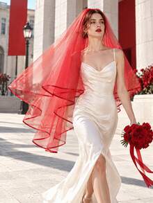 Bridal Veil, Women's Wedding Veil, Simple Tulle Church Style Veil, Suitable For Bachelorette Party And Pre-Wedding Bachelorette Party W-V-1 - Red - View 4